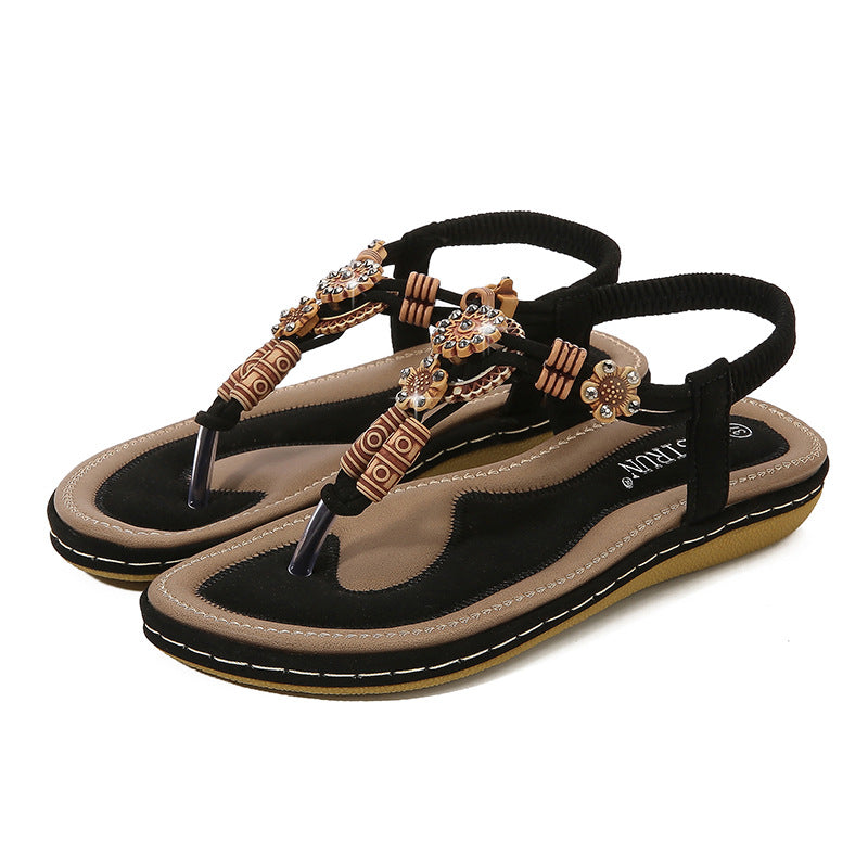 Women’s Sandals – Flat Sole – Woven Thong Strap – Wood Bead Embellished – Casual Fit