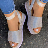 Women’s Platform Sandals – Chunky Sole – Rhinestone Strap – Ankle Buckle Closure