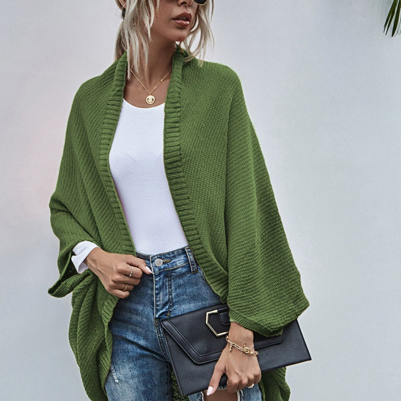 Women’s Cardigan Sweater – Oversized Fit – Wool Knit – Open Front – Batwing Sleeves