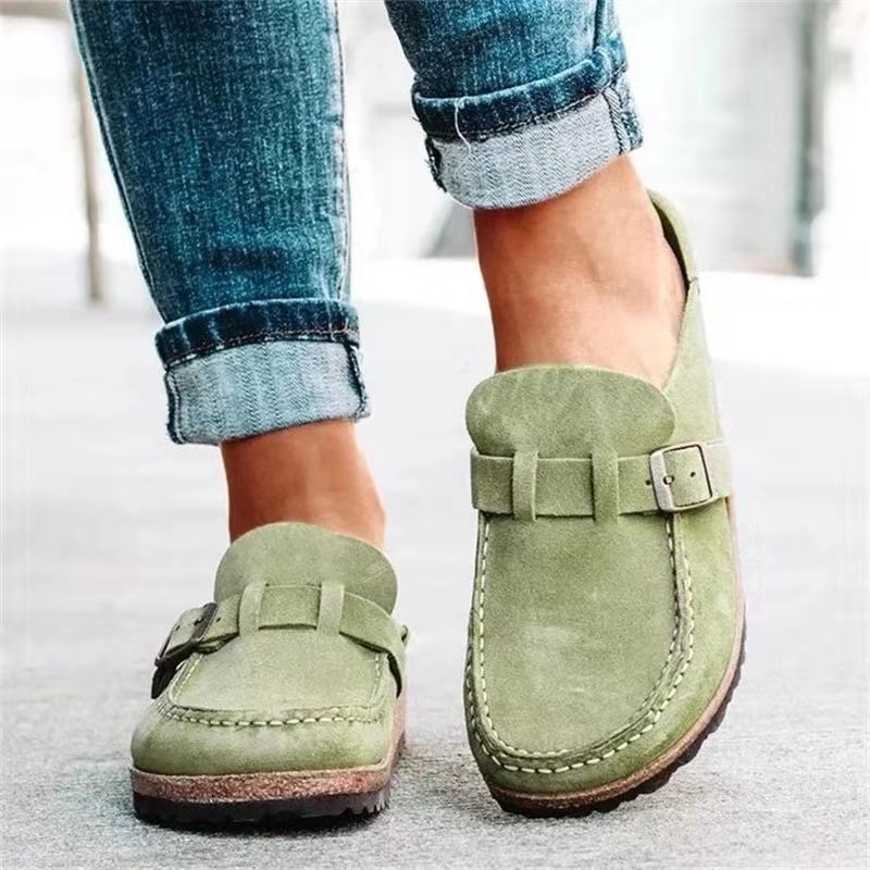 Women’s Mule Sandals – Suede-Like Upper – Buckle Strap – Low Heel Slip-On Comfort