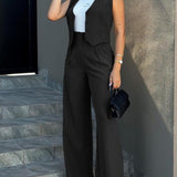 Women’s Vest and Trousers Set – Tailored Fit – High Waist – Wide Leg – Button Front