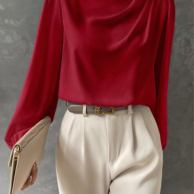 Women’s Satin Blouse – Relaxed Fit – High Neck – Long Sleeve Elegant Draped Top