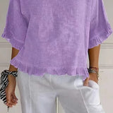 Women’s Blouse – Cotton Linen – Relaxed Fit – Short Sleeve – Ruffle Hem – Round Neck