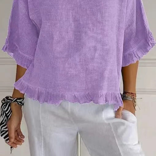 Women’s Blouse – Cotton Linen – Relaxed Fit – Short Sleeve – Ruffle Hem – Round Neck