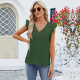 Women’s Short Sleeve Blouse – Relaxed Fit – V-Neck – Ruffled Sleeves – Breathable Blend