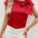 Women’s Satin Blouse – Relaxed Fit – Half Collar – Bow Neck – Cap Sleeve Elegant Top