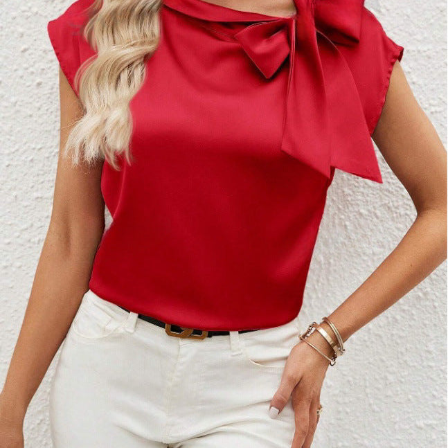 Women’s Satin Blouse – Relaxed Fit – Half Collar – Bow Neck – Cap Sleeve Elegant Top