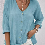 Women’s Blouse – Linen – Relaxed Fit – V-Neck – Button-Down – 3/4 Sleeve