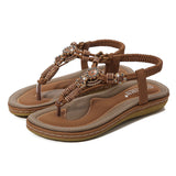 Women’s Sandals – Flat Sole – Woven Thong Strap – Wood Bead Embellished – Casual Fit