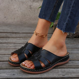 Women’s Wedge Slide Sandals – Faux Leather – Open Toe – Cut-Out – Casual Comfort