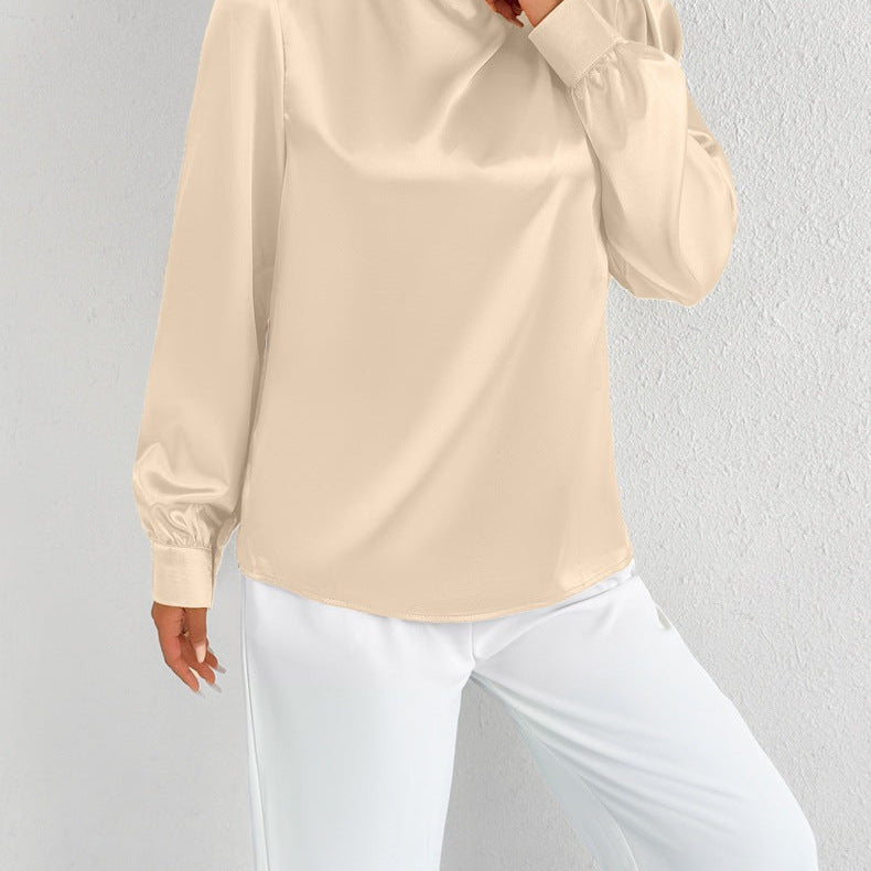 Women’s Satin Blouse – Relaxed Fit – High Neck – Long Sleeve – Minimalist Elegant Style