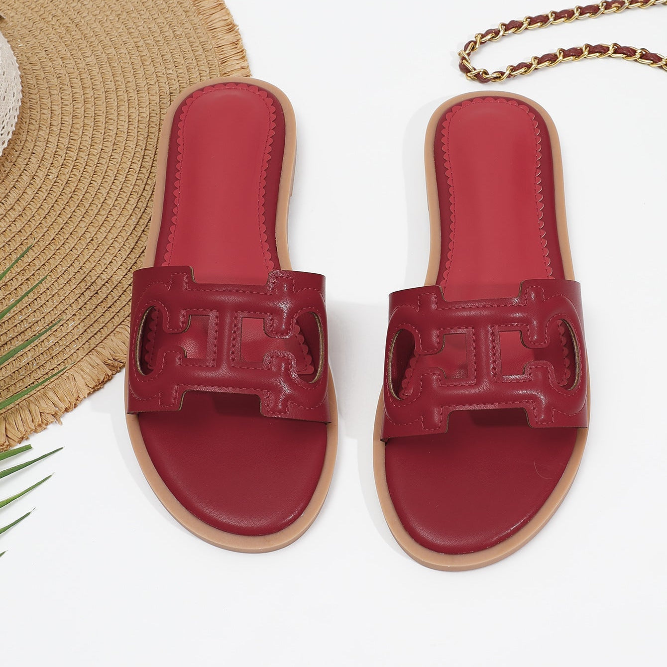 Women’s Flat Sandals – Faux Leather – Cut-Out Strap – Slip-On Open Toe Casual Fit