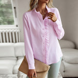 Women’s Blouse – Relaxed Fit – Textured Fabric – Long Sleeve – Button Front with Ruffle Trim