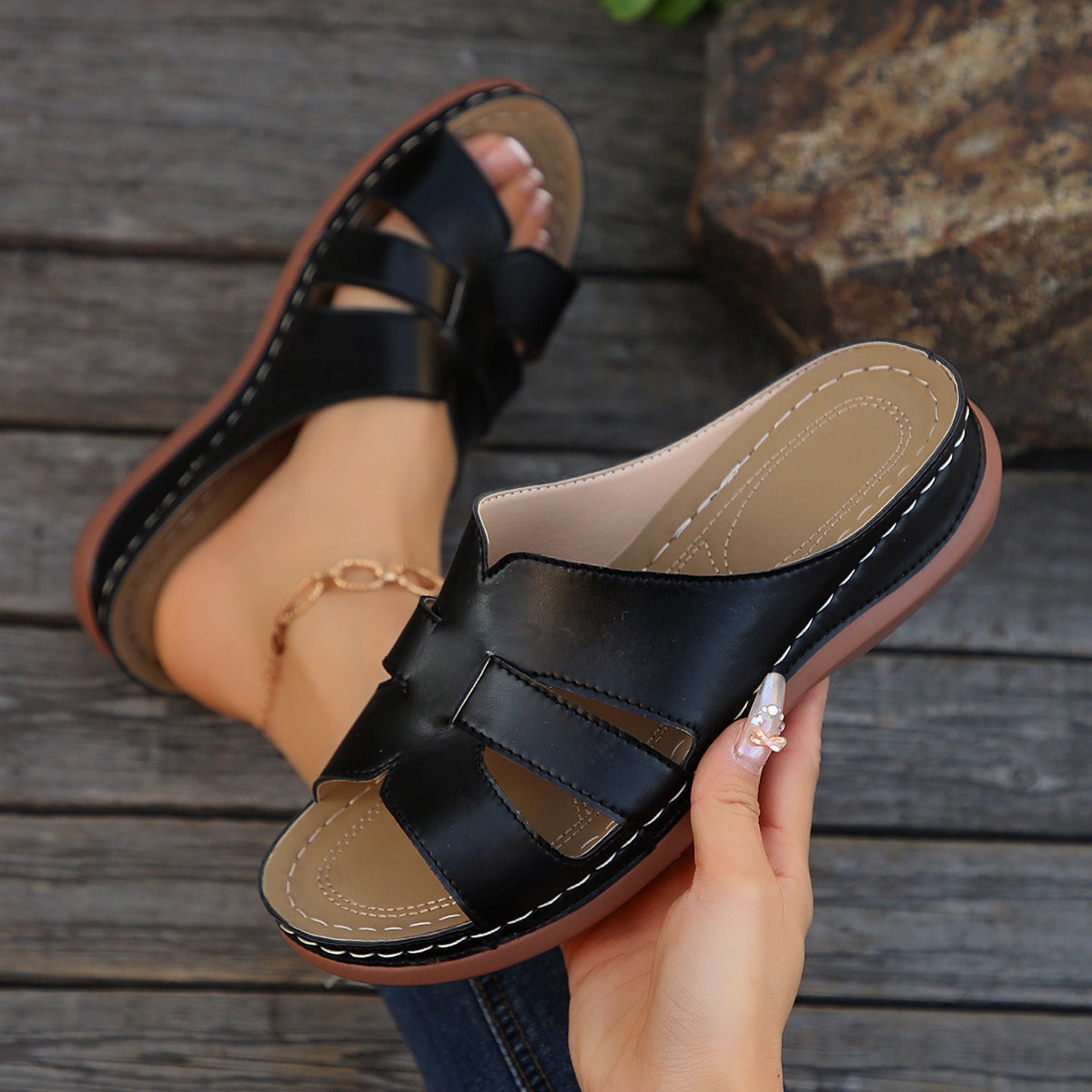 Women’s Wedge Slide Sandals – Faux Leather – Open Toe – Cut-Out – Casual Comfort