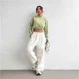 Women’s Cropped Sweatshirt – Cotton Blend – Relaxed Fit – Zip Neck – Balloon Sleeves