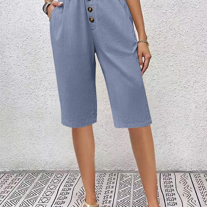 Women’s Linen Shorts – High Waist Paperbag – Relaxed Fit – Button Front – Knee Length