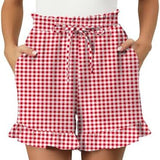 Women’s Cotton Shorts – Relaxed Fit – Gingham Pattern – Ruffle Hem – Elastic Waist