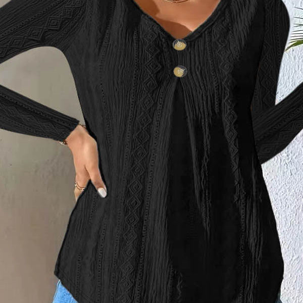 Ottilie | Button Detail Long Sleeve Top - Casual V-Neck