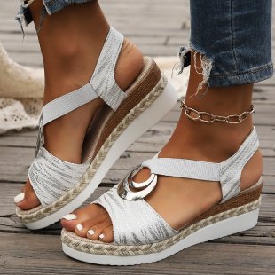 Women’s Wedge Sandals – Open Toe – Slingback Strap – Jute Sole – Metallic Buckle