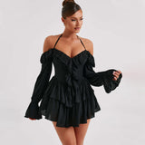 Women’s Romper – Halter Neck – Off Shoulder Long Sleeve – Deep V Ruffle Front – Flowy Shorts