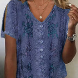Women’s Blouse – Relaxed Fit – V-Neck Button Front – Embroidered Boho Style – Breathable Blend
