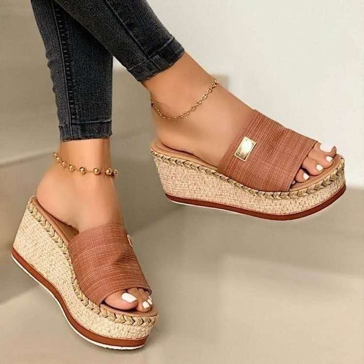 Women’s Wedge Sandals – Slip-On – Open Toe – Fabric Upper – Woven Heel – Casual Fit