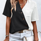Women’s Blouse – Relaxed Fit – V-Neck – Short Sleeve – Colorblock – Button Detail