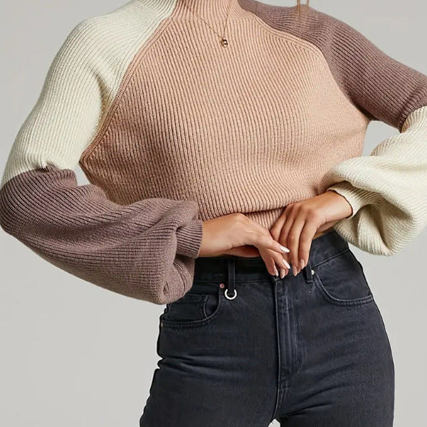 Women’s Pullover Sweater – Oversized Fit – Ribbed Knit – Mock Neck – Bell Sleeves