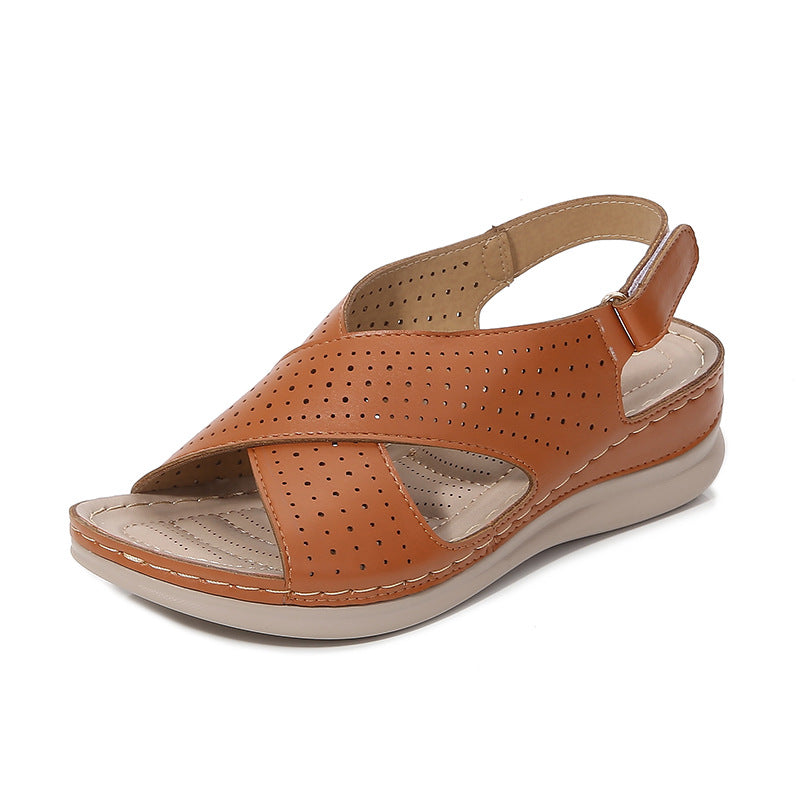 Women’s Sandals – Faux Leather – Cross Strap – Perforated Detail – Cushioned Sole