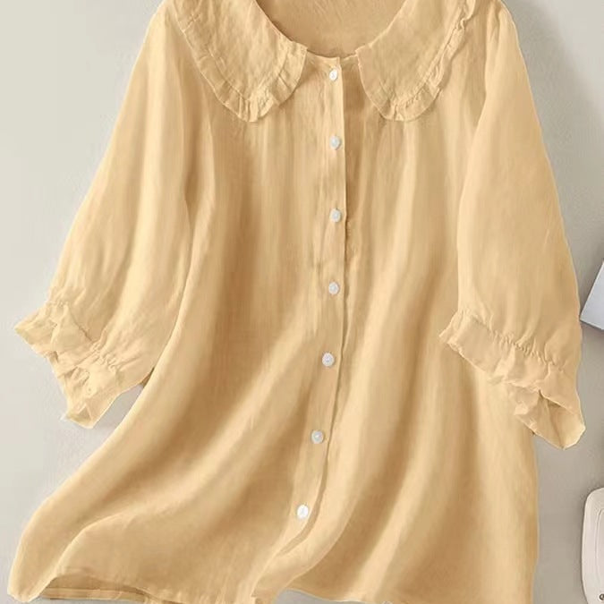 Women's cotton linen loose peter pan ruffles neck shirt