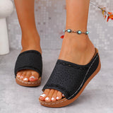 Women’s Wedge Sandals – Slip-On – Perforated Strap – Scalloped Detail – Open Toe