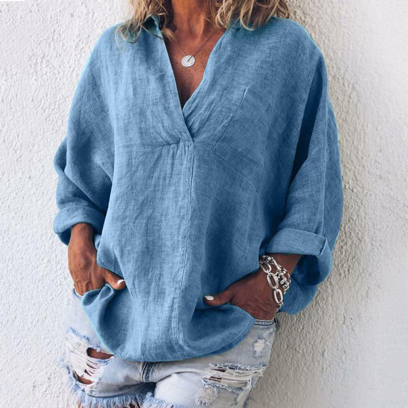 Women’s Blouse – Oversized Fit – V-Neck – Long Sleeve
