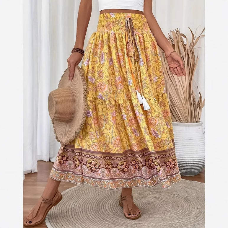 Women’s Long Skirt – Tiered Cotton Blend – Bohemian Floral – Elastic Waist – Tassel Trim