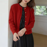 Women's Knitted Cardigan - Retro Round Neck - Small Gold Button Detail