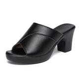 Women’s Heeled Mules – Soft Leather – Block Heel – Peep Toe – Slip-On Minimalist Design