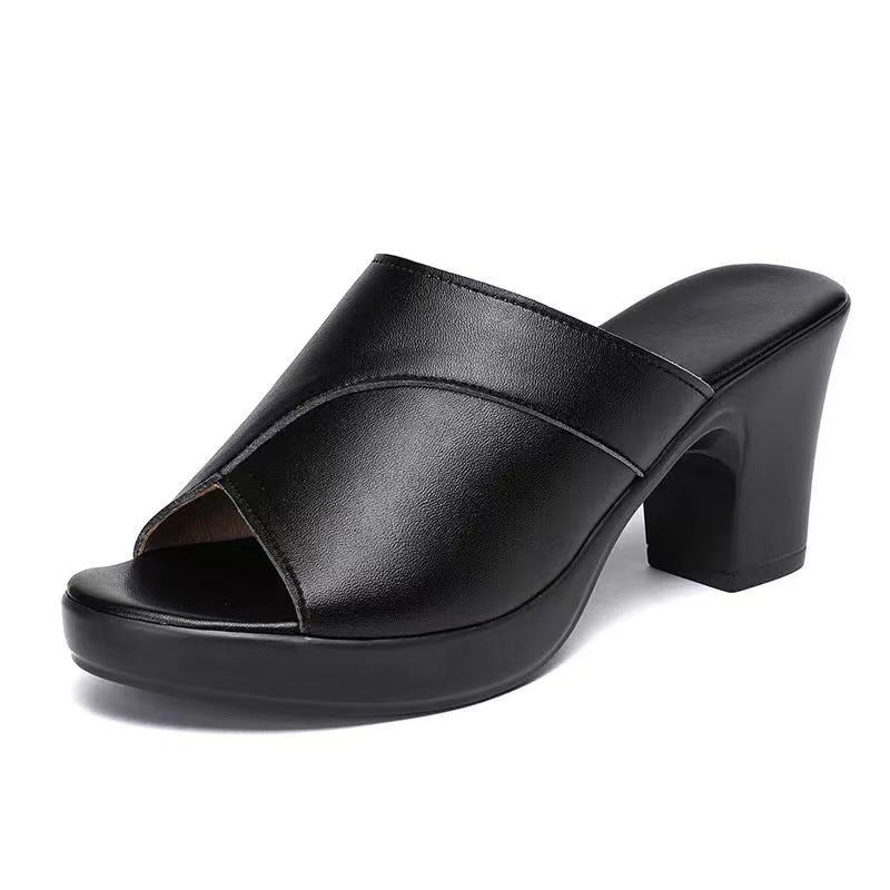 Women’s Heeled Mules – Soft Leather – Block Heel – Peep Toe – Slip-On Minimalist Design
