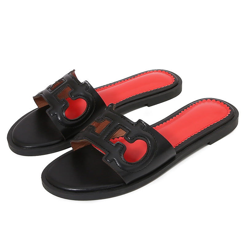 Women’s Flat Sandals – Faux Leather – Cut-Out Strap – Slip-On Open Toe Casual Fit