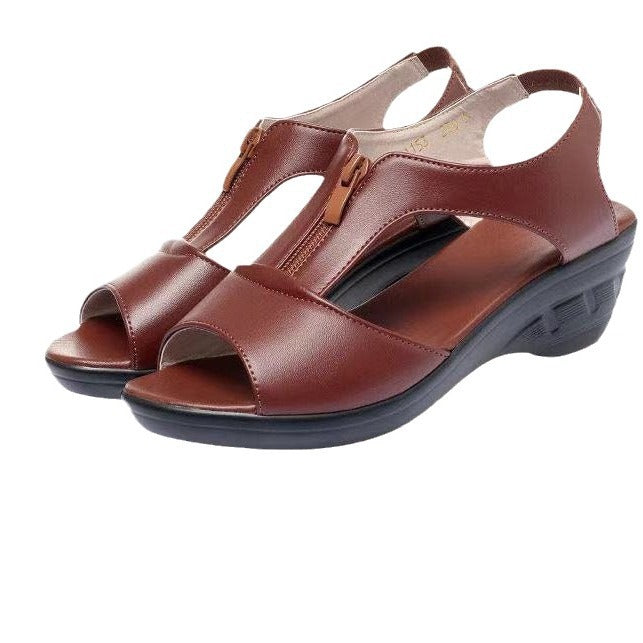 Women’s Wedge Sandals – Faux Leather – Open Toe – Zipper Front – Cut-Out Design