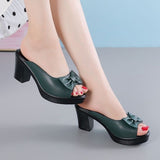 Women’s Heeled Sandals – Faux Leather – Open Toe – Chunky Heel – Bow Accent