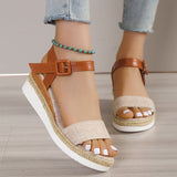 Women’s Wedge Sandals – Faux Leather – Jute Platform – Open Toe – Buckle Strap