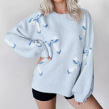 Women’s Pullover Sweater – Oversized Fit – Wool Knit – Jacquard Bow Pattern – Crew Neck