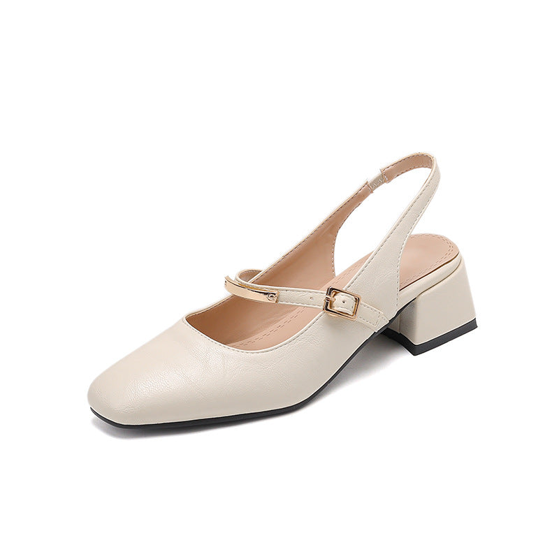 Women’s Slingback Heels – Faux Leather – Block Heel – Square Toe – Studded Strap