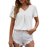 Women's Blouse - V-Neck Pleated - Loose Fit - Short Sleeve Lightweight Casual Wear