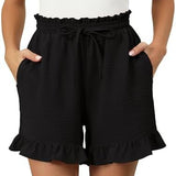 Women’s Cotton Shorts – Relaxed Fit – Gingham Pattern – Ruffle Hem – Elastic Waist