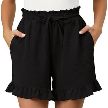 Women’s Cotton Shorts – Relaxed Fit – Gingham Pattern – Ruffle Hem – Elastic Waist