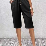 Women’s Linen Shorts – High Waist Paperbag – Relaxed Fit – Button Front – Knee Length