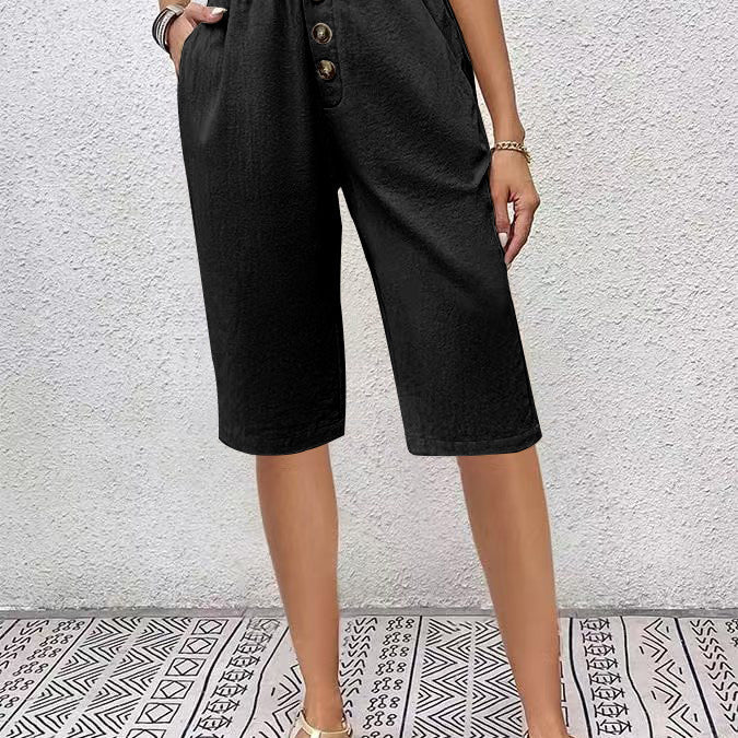 Women’s Linen Shorts – High Waist Paperbag – Relaxed Fit – Button Front – Knee Length