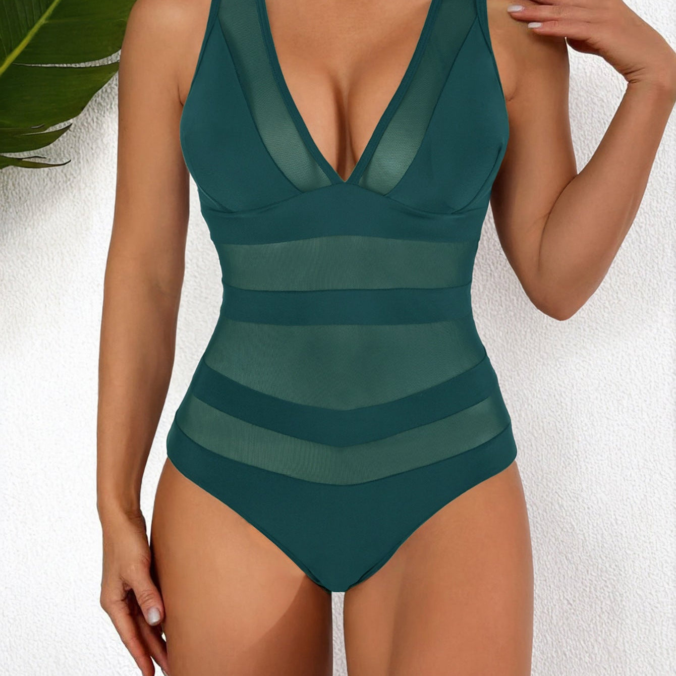 Women’s One-Piece Swimsuit – Form-Fitting – Mesh – Deep V-Neck – Sleek Finish