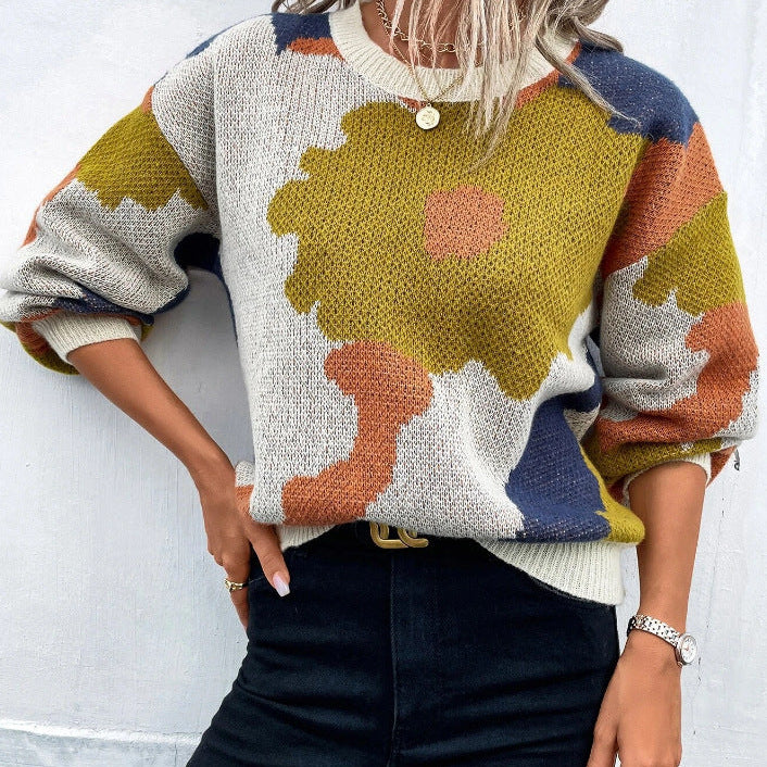 Women’s Pullover Sweater – Knit Fabric – Relaxed Fit – Round Neck – Balloon Sleeves – Patterned