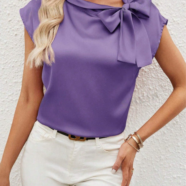 Women’s Satin Blouse – Relaxed Fit – Half Collar – Bow Neck – Cap Sleeve Elegant Top